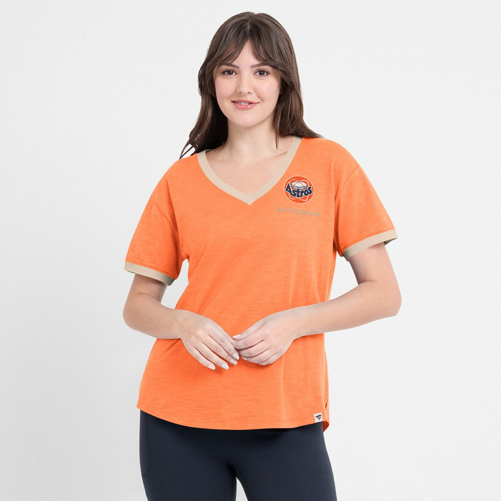 Houston Astros Fanatics Women's Binge Worthy Stadium Slub V-Neck T-Shirt - Orange - Fanatics Online