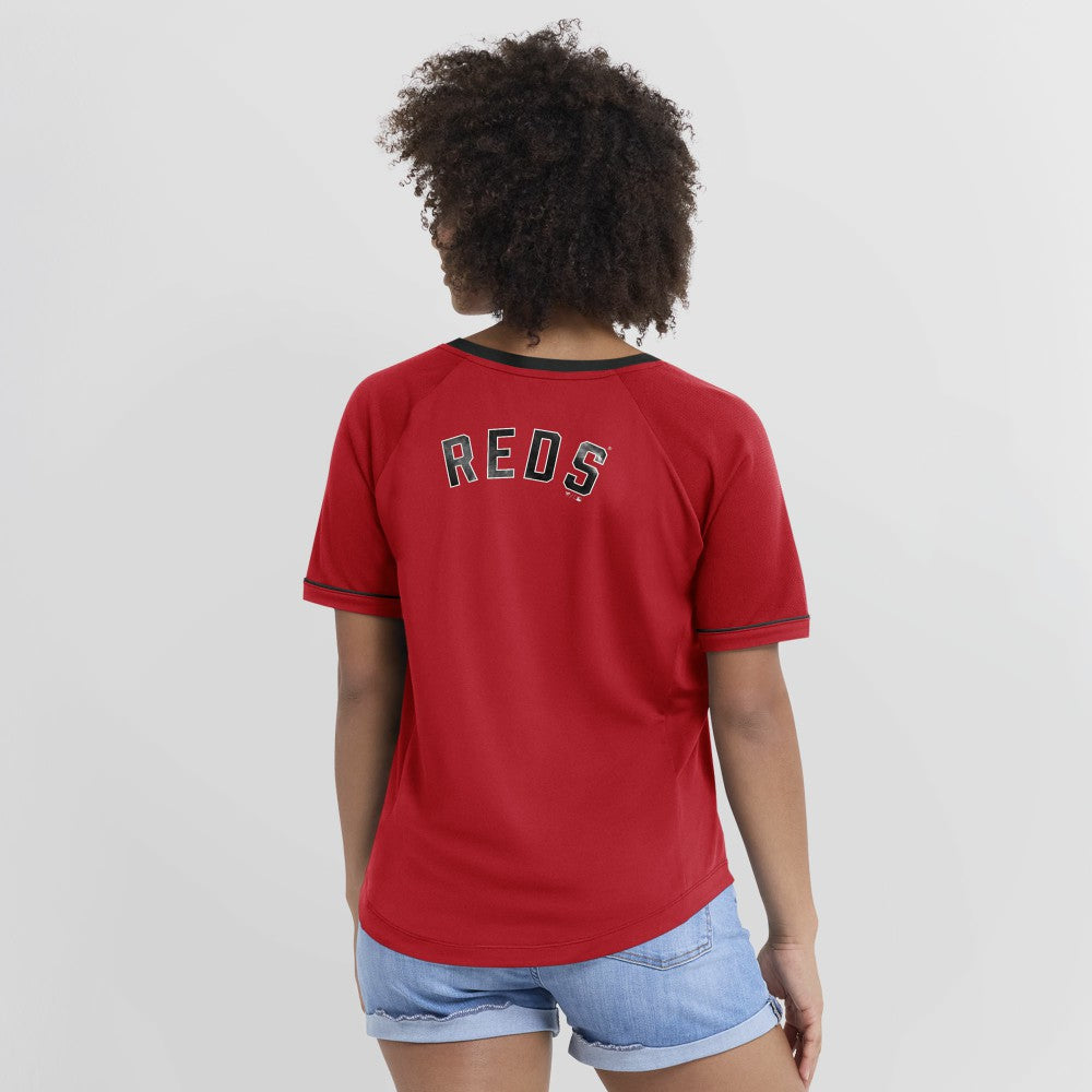 Cincinnati Reds Fanatics Women's Cooperstown Collection League Diva Raglan V-Neck T-Shirt - Red - Fanatics on Sale