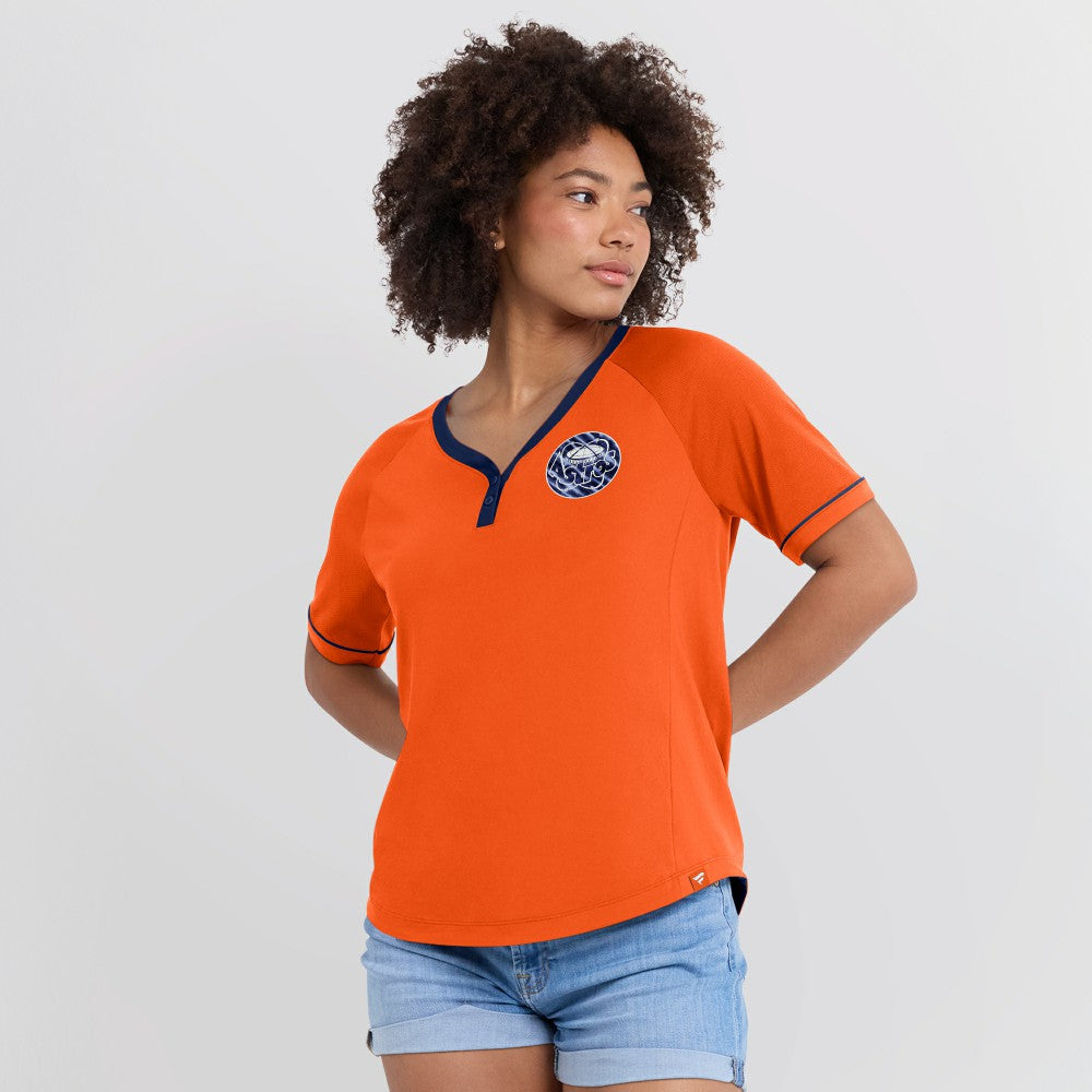 Houston Astros Fanatics Women's Cooperstown Collection League Diva Raglan V-Neck T-Shirt - Orange - Fanatics Sale