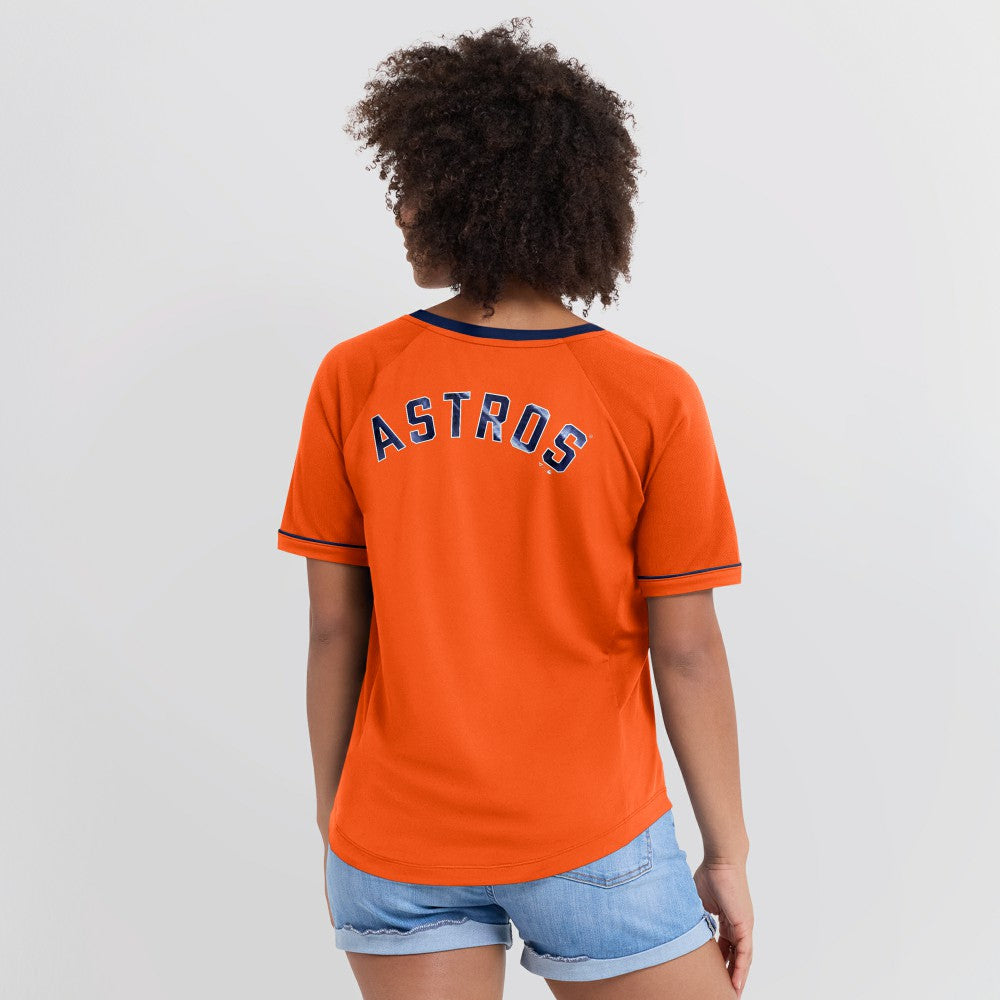 Houston Astros Fanatics Women's Cooperstown Collection League Diva Raglan V-Neck T-Shirt - Orange - Fanatics Sale