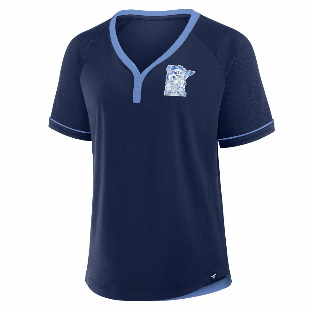 Minnesota Twins Fanatics Women's Cooperstown Collection League Diva Raglan V-Neck T-Shirt - Navy - Fanatics Lifestyle