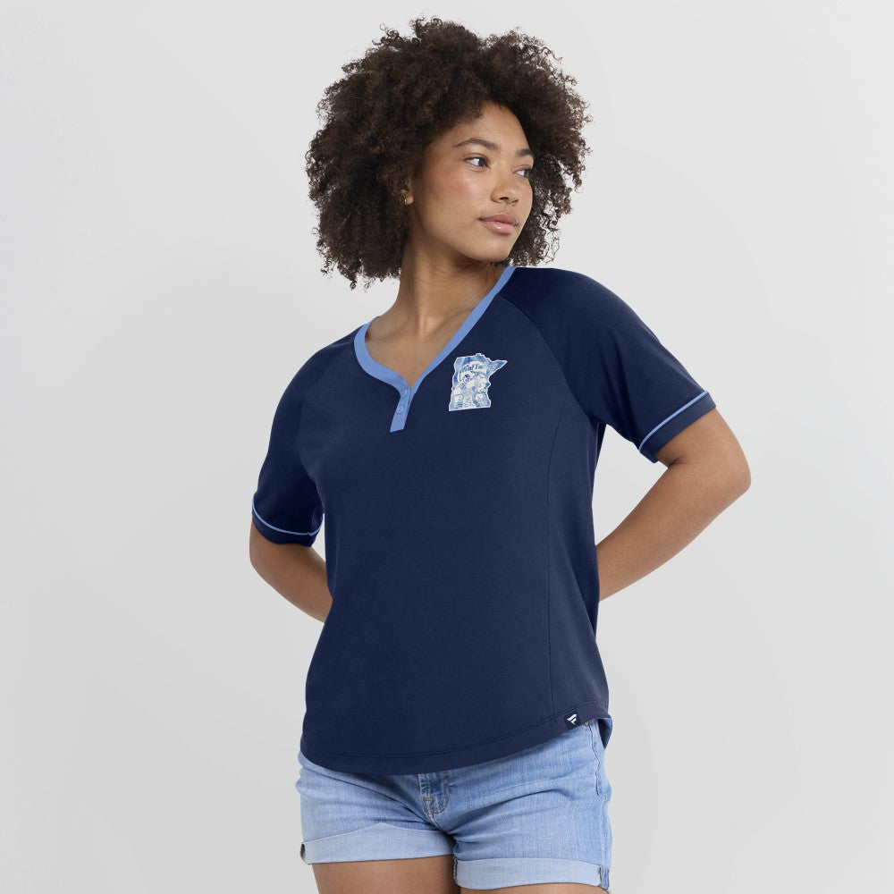 Minnesota Twins Fanatics Women's Cooperstown Collection League Diva Raglan V-Neck T-Shirt - Navy - Fanatics Lifestyle