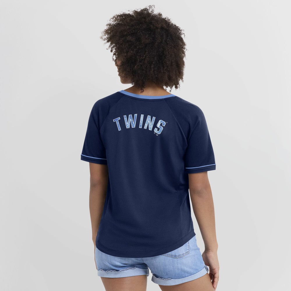Minnesota Twins Fanatics Women's Cooperstown Collection League Diva Raglan V-Neck T-Shirt - Navy - Fanatics Lifestyle