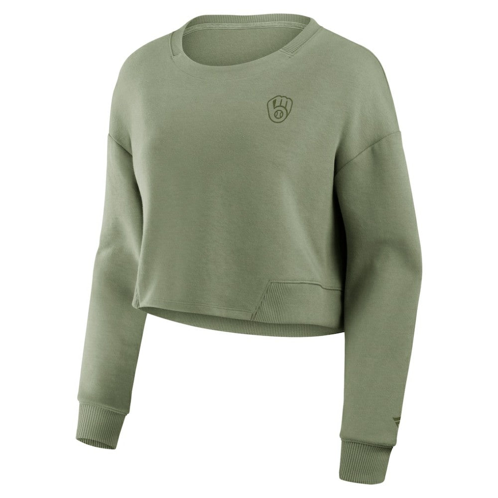 Milwaukee Brewers Fanatics Women's Studio Cropped Pullover Sweatshirt - Olive - Fanatics Lifestyle