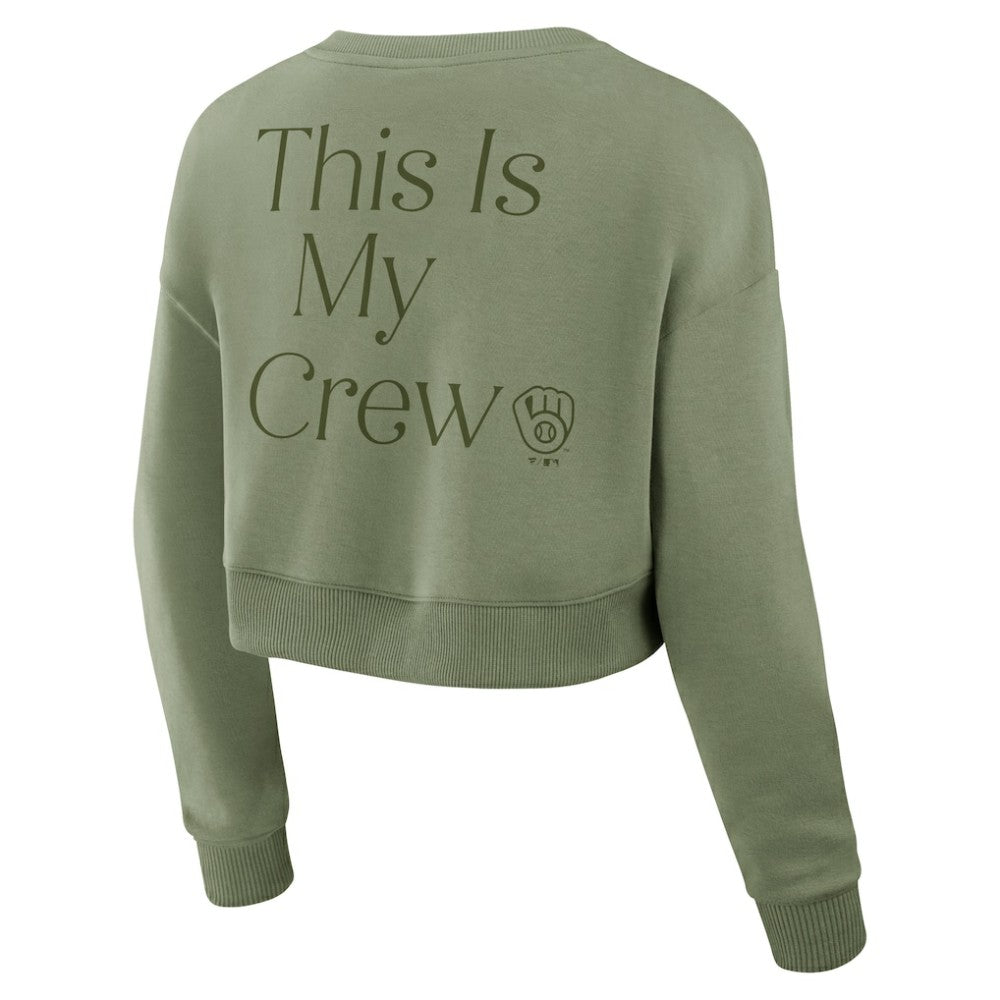 Milwaukee Brewers Fanatics Women's Studio Cropped Pullover Sweatshirt - Olive - Fanatics Lifestyle