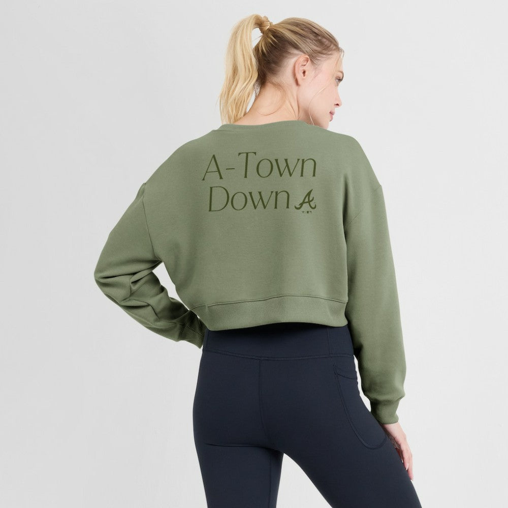Atlanta Braves Fanatics Women's Studio Cropped Pullover Sweatshirt - Olive - Fanatics Discount