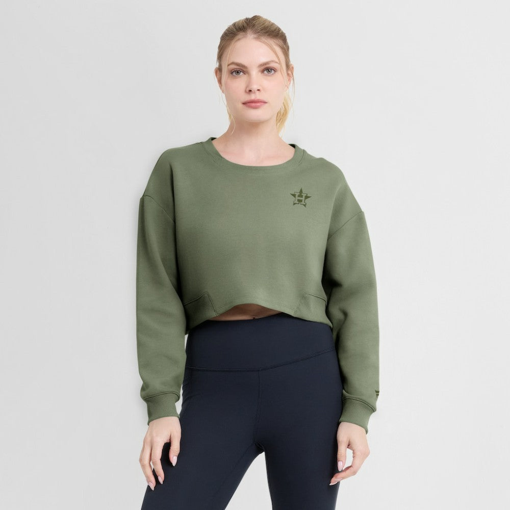 Houston Astros Fanatics Women's Studio Cropped Pullover Sweatshirt - Olive - Fanatics on Sale