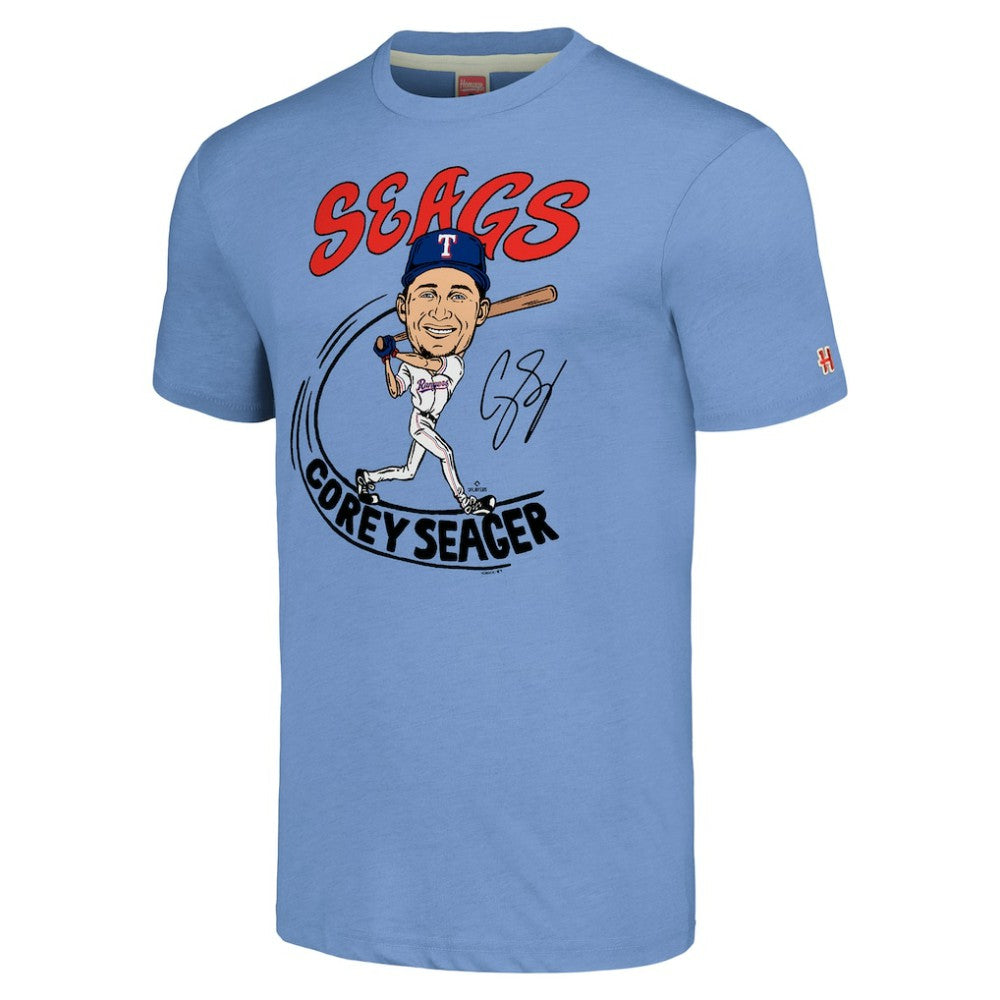 Corey Seager Texas Rangers Homage Caricature Player Tri-Blend T-Shirt - Light Blue - MLB Sale