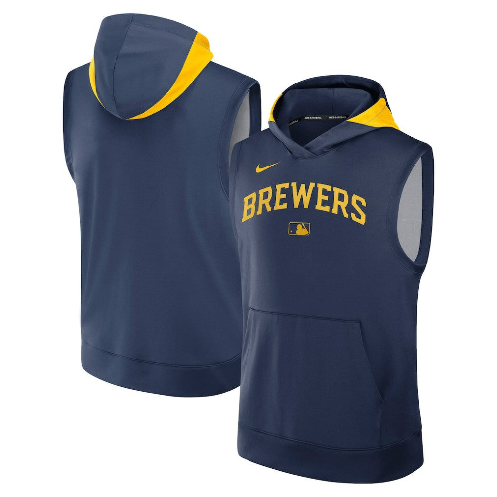 Milwaukee Brewers Nike Authentic Collection Dri-FIT Sleeveless Hoodie - Navy - Nike on Sale