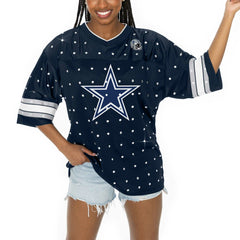 Dallas Cowboys Gameday Couture Women's Kickoff Time Allover Rhinestone Sports Stripe Jersey V-Neck T-Shirt Navy
