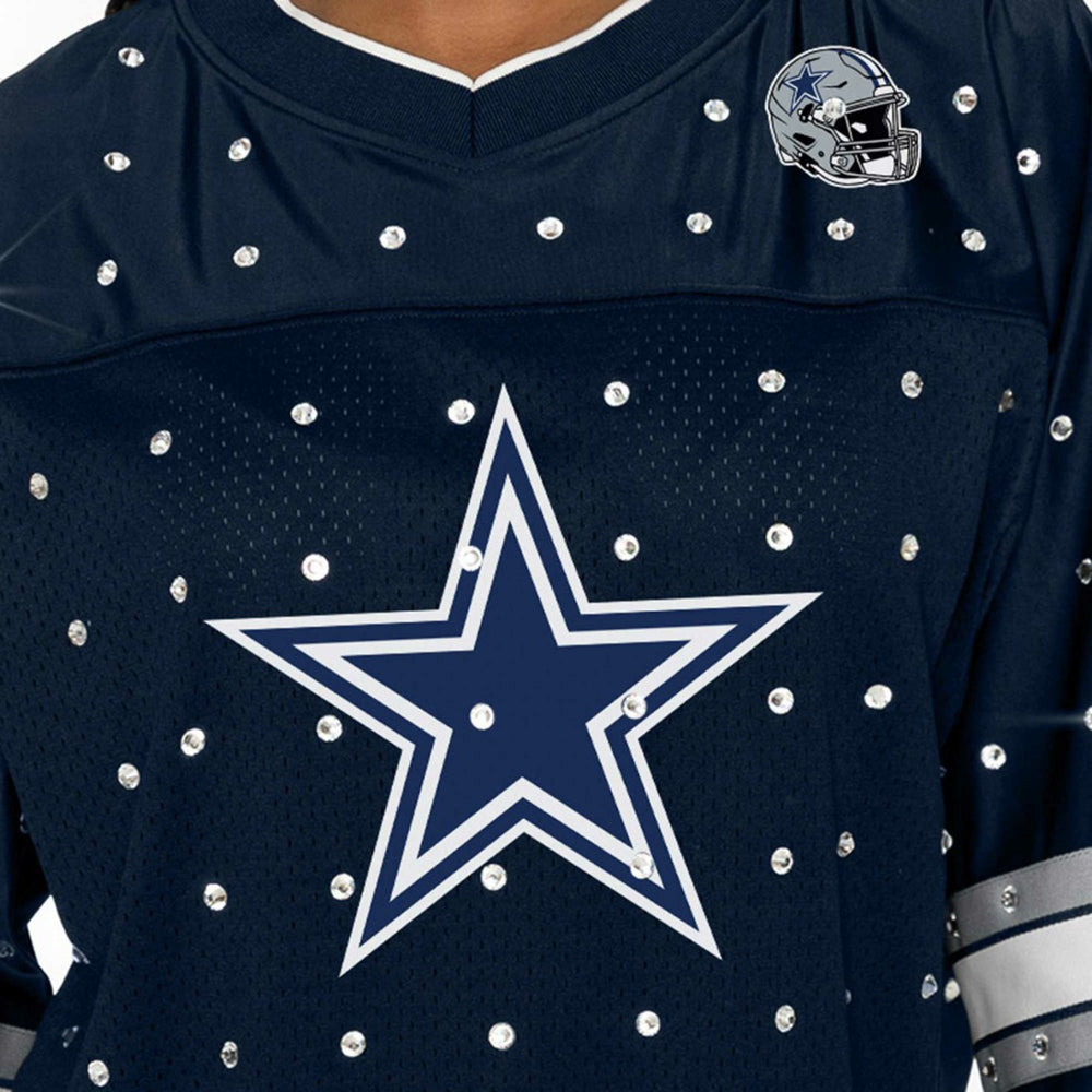 Dallas Cowboys Gameday Couture Women's Kickoff Time Allover Rhinestone Sports Stripe Jersey V-Neck T-Shirt Navy