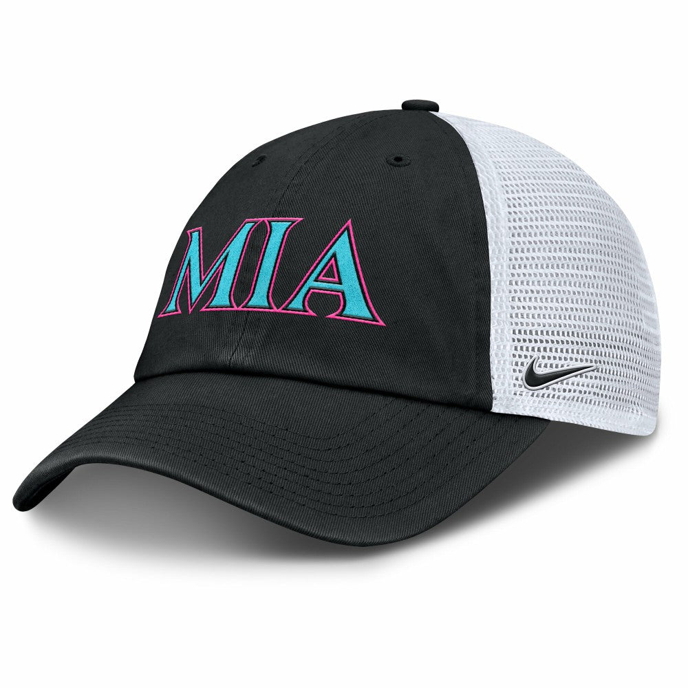 Miami Marlins Nike Unisex 2025 City Connect Trucker Adjustable Hat - Black/White - Nike Discount