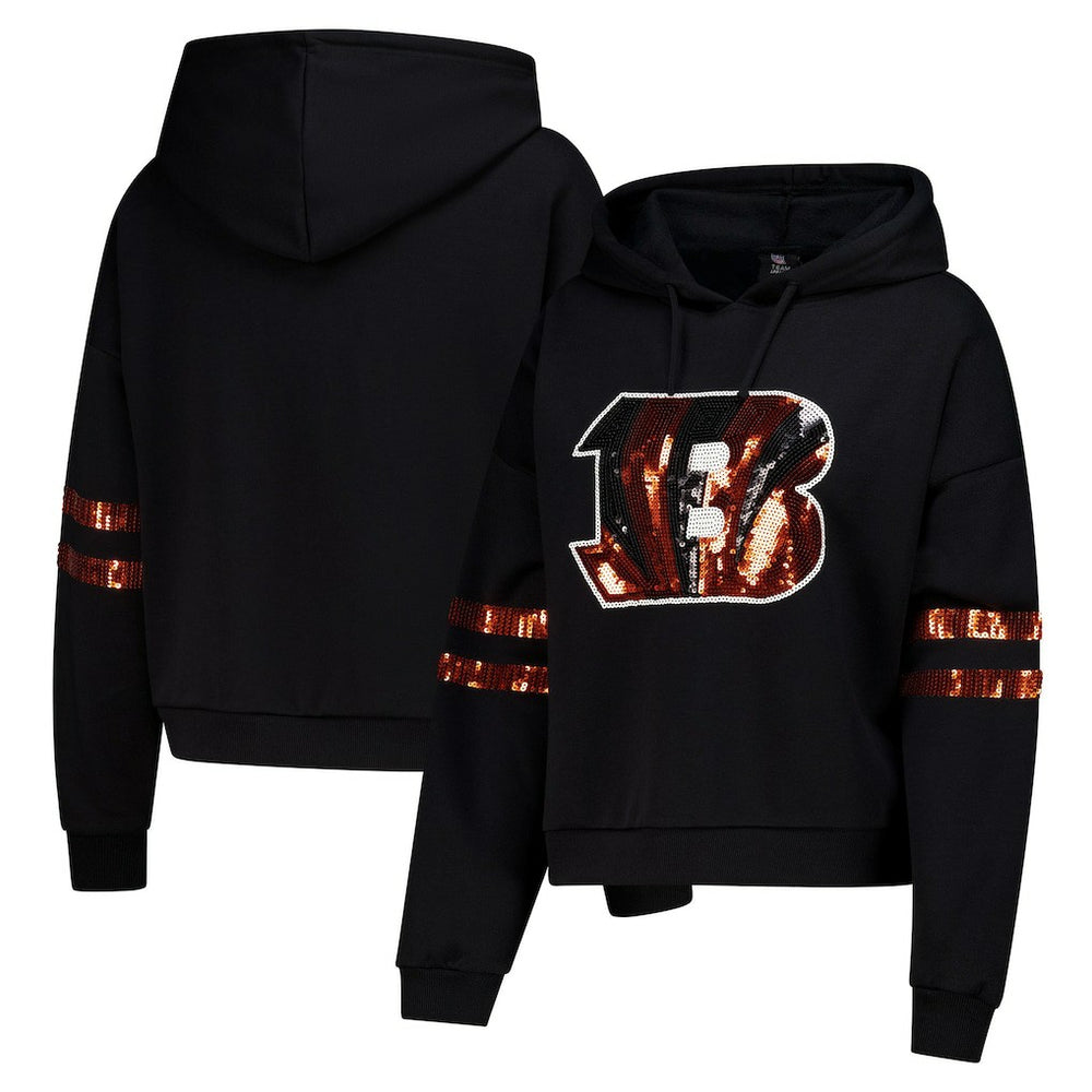 Cincinnati Bengals Cuce Women's Cropped Sequins Pullover Hoodie Black