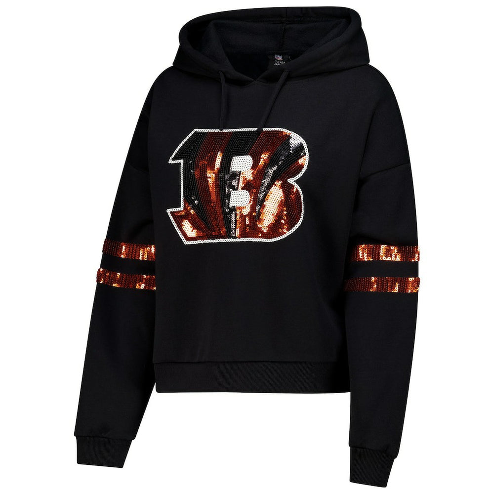 Cincinnati Bengals Cuce Women's Cropped Sequins Pullover Hoodie Black
