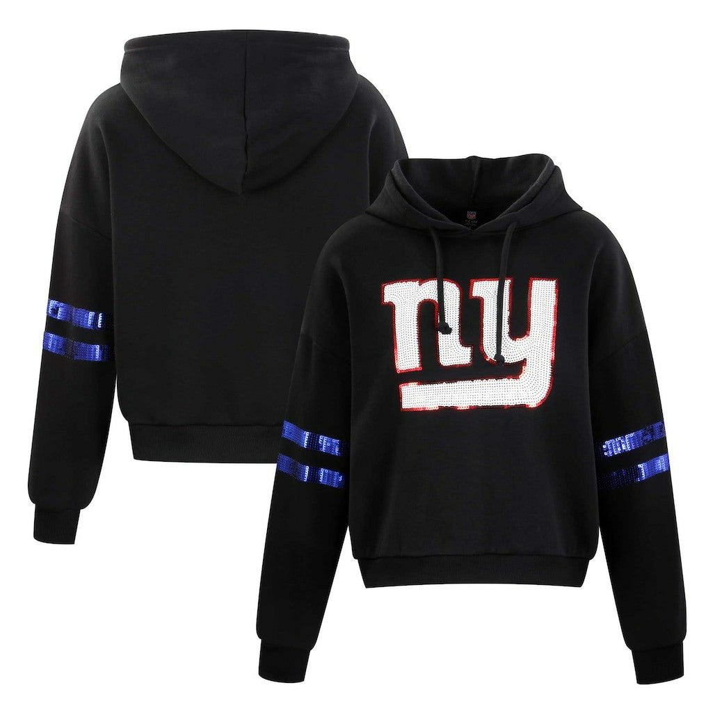 New York Giants Cuce Women's Cropped Sequins Pullover Hoodie Black