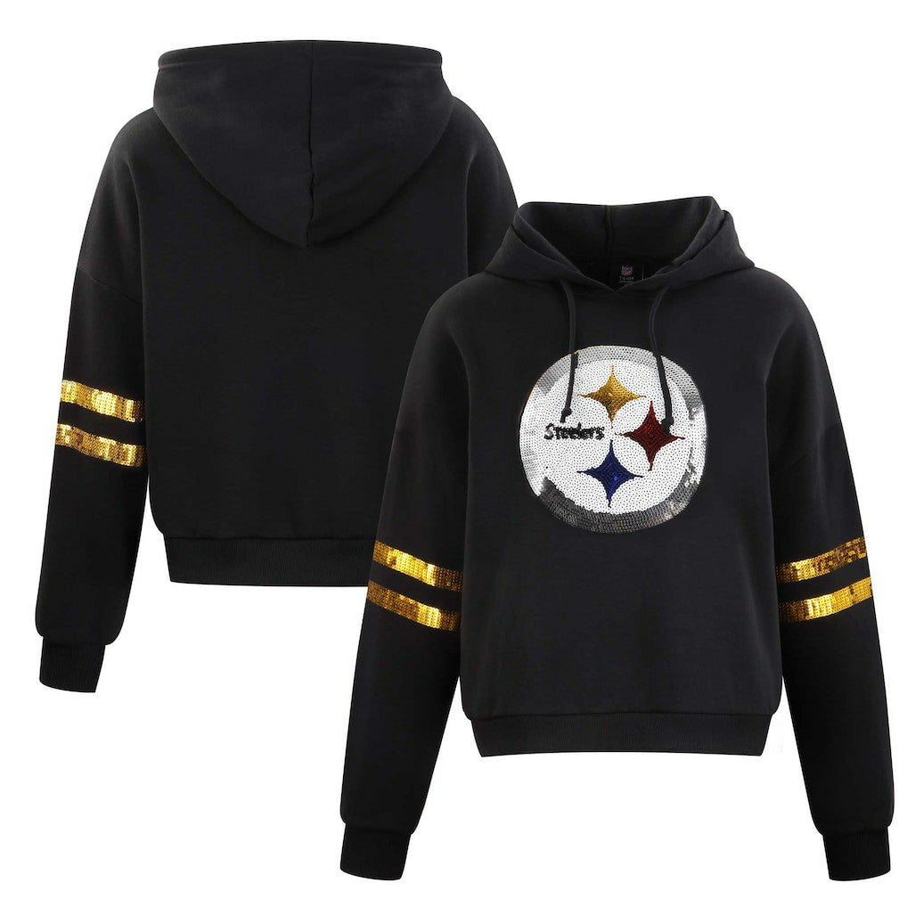 Pittsburgh Steelers Cuce Women's Cropped Sequins Pullover Hoodie Black