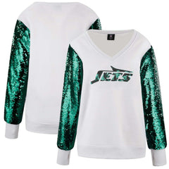 New York Jets Cuce Women's Sequin Sleeve V-Neck Pullover Sweatshirt- White