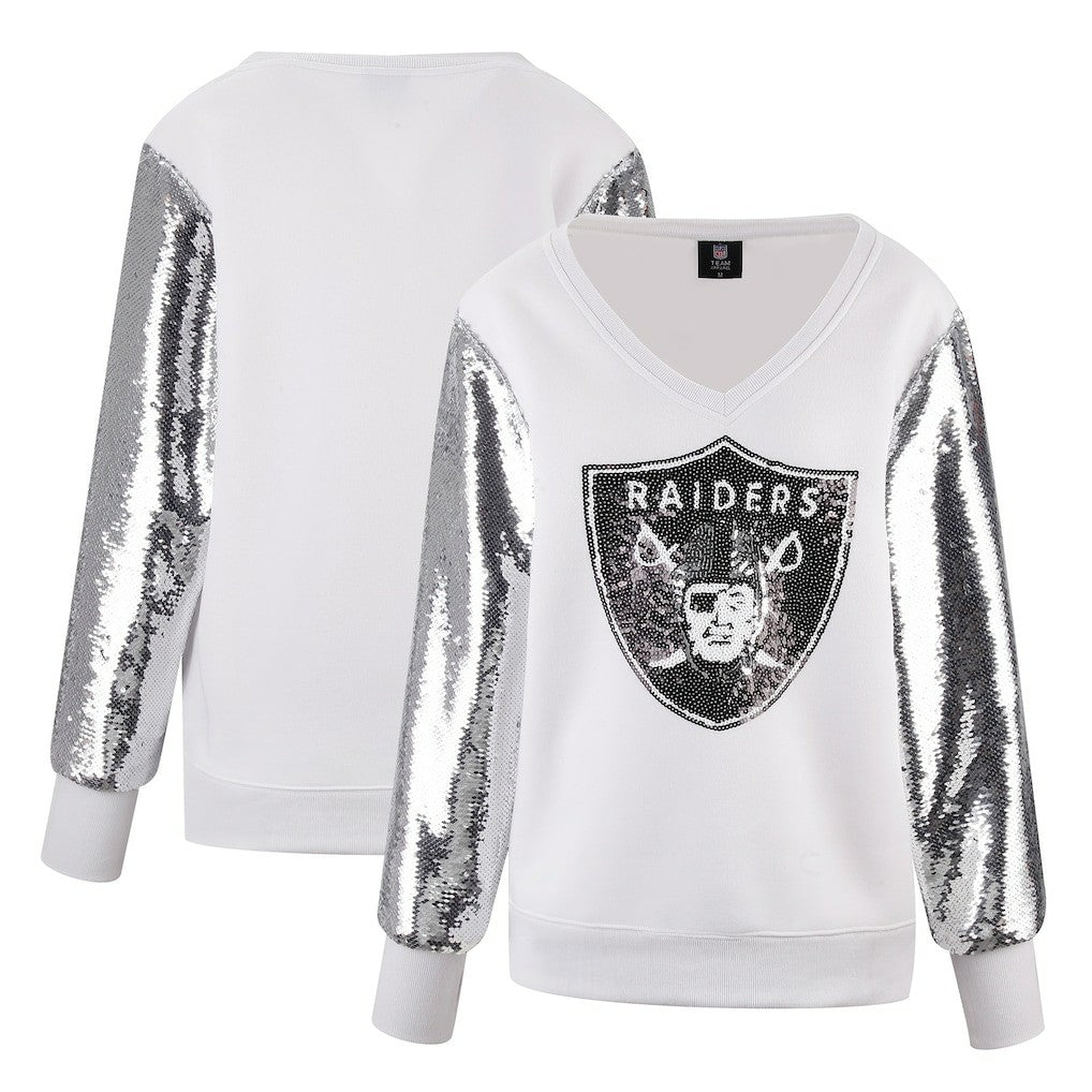 Las Vegas Raiders Cuce Women's Sequin Sleeve V-Neck Pullover Sweatshirt- White
