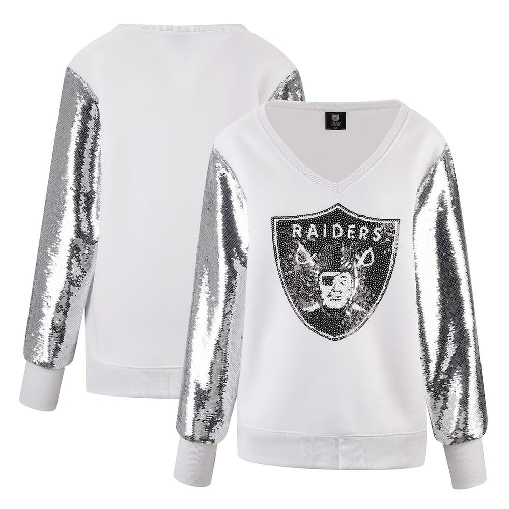 Las Vegas Raiders Cuce Women's Sequin Sleeve V-Neck Pullover Sweatshirt- White