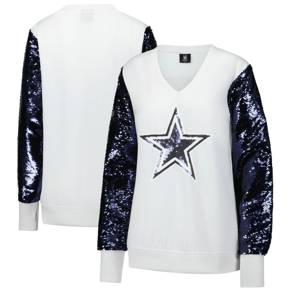 Dallas Cowboys Cuce Women's Sequin Sleeve V-Neck Pullover Sweatshirt- White
