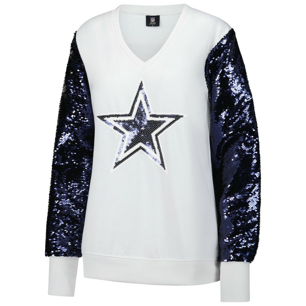 Dallas Cowboys Cuce Women's Sequin Sleeve V-Neck Pullover Sweatshirt- White