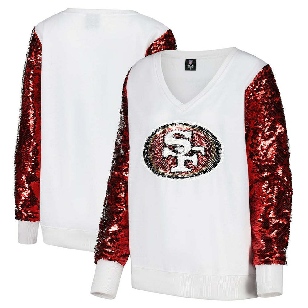 San Francisco 49ers Cuce Women's Sequin Sleeve V-Neck Pullover Sweatshirt- White