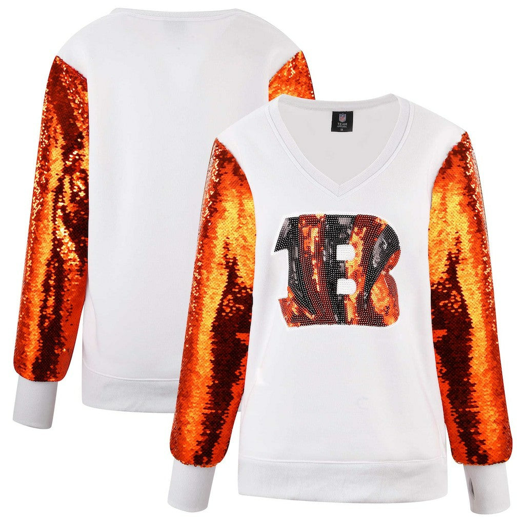 Cincinnati Bengals Cuce Women's Sequin Sleeve V-Neck Pullover Sweatshirt- White