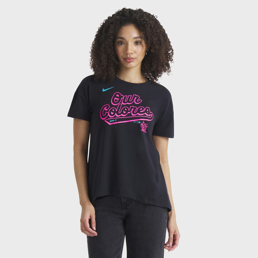 Miami Marlins Nike Women's 2025 City Connect Flowy Fashion Tri-Blend Dri-FIT T-Shirt - Black - Nike on Sale