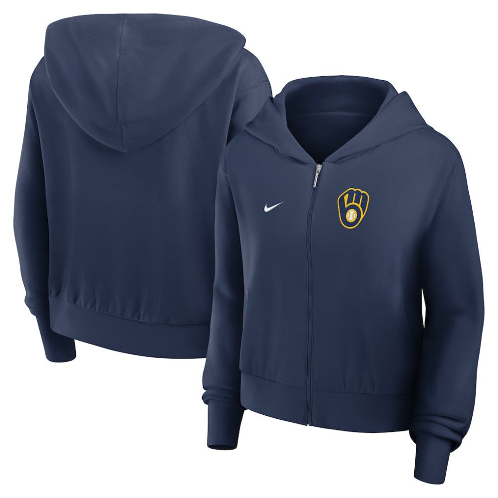 Milwaukee Brewers Nike Women's Cropped Chill Full-Zip Hoodie - Navy - Nike on Sale