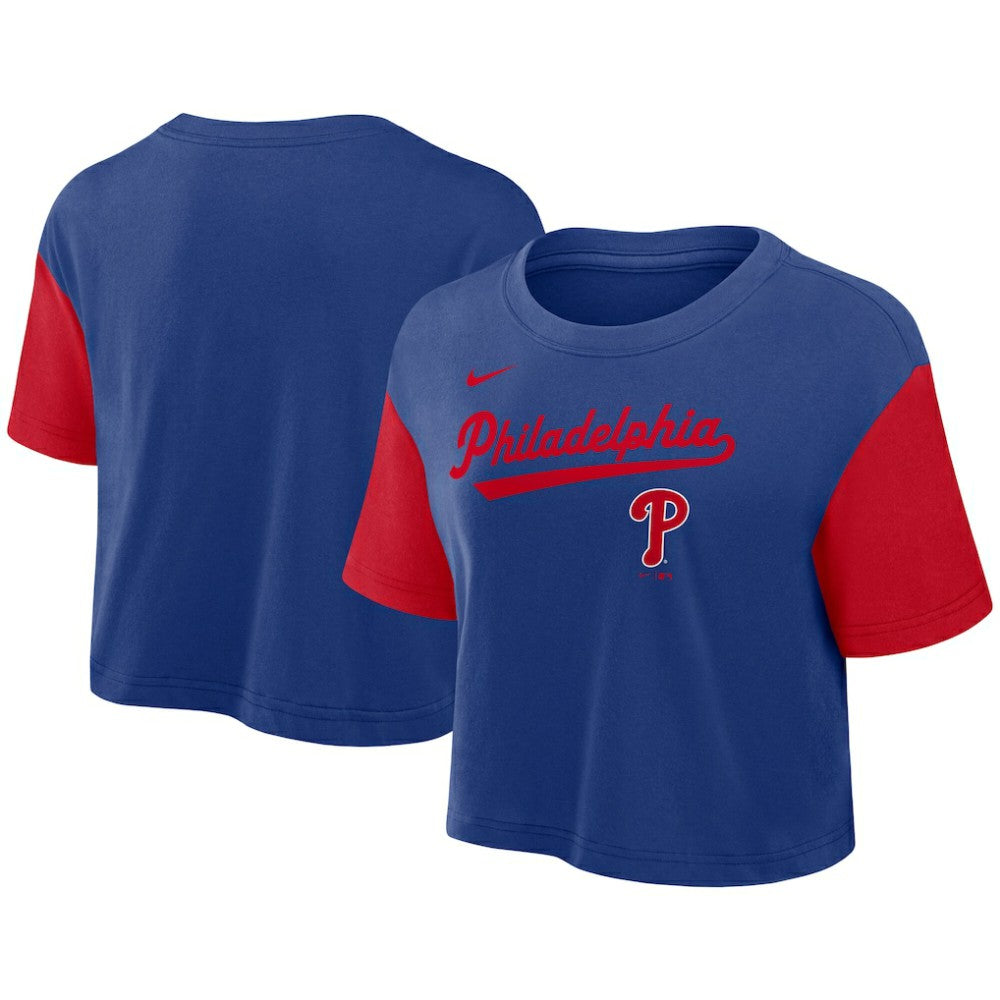 Philadelphia Phillies Nike Women's Script Dri-FIT Cropped T-Shirt - Royal/Red - Nike Sale