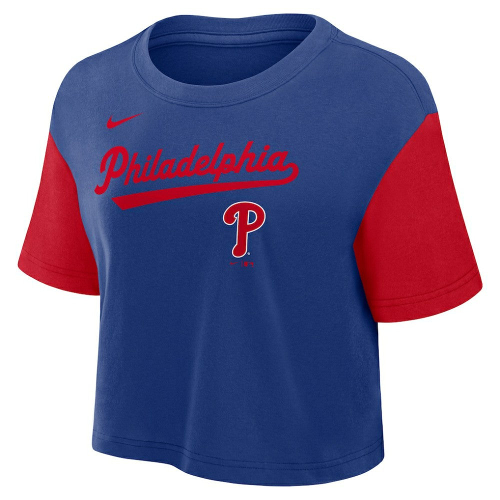 Philadelphia Phillies Nike Women's Script Dri-FIT Cropped T-Shirt - Royal/Red - Nike Sale