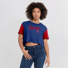 Philadelphia Phillies Nike Women's Script Dri-FIT Cropped T-Shirt - Royal/Red - Nike Sale