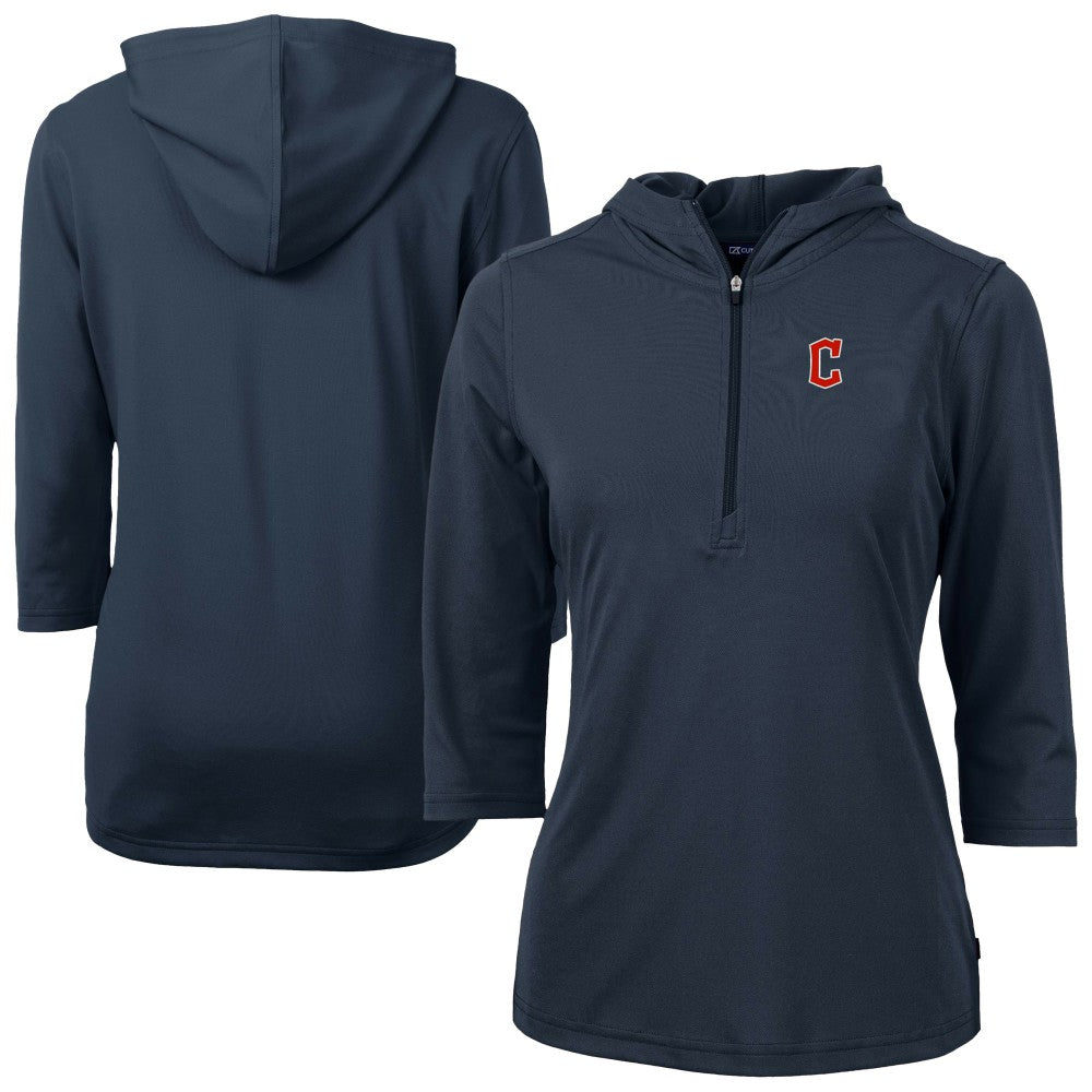 Cleveland Guardians Cutter & Buck Women's  DryTec Virtue Eco Pique Recycled 3/4-Sleeve Half-Zip Pullover Hoodie - Navy - MLB Lifestyle