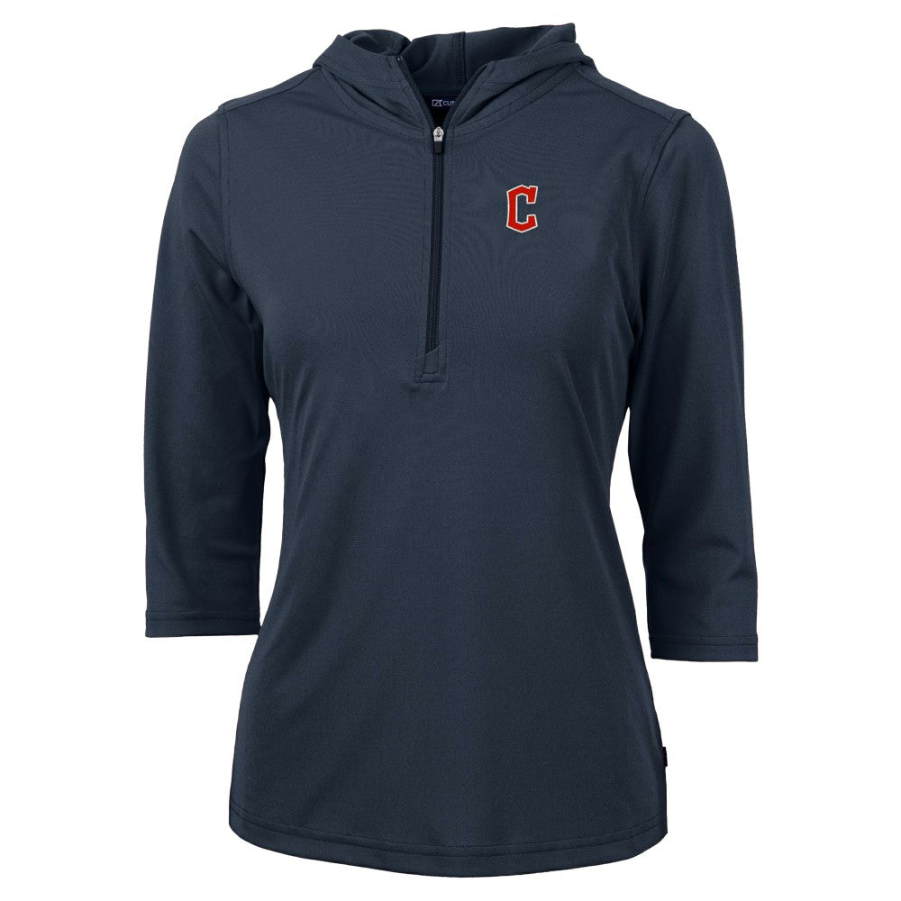 Cleveland Guardians Cutter & Buck Women's  DryTec Virtue Eco Pique Recycled 3/4-Sleeve Half-Zip Pullover Hoodie - Navy - MLB Lifestyle