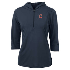Cleveland Guardians Cutter & Buck Women's  DryTec Virtue Eco Pique Recycled 3/4-Sleeve Half-Zip Pullover Hoodie - Navy - MLB Lifestyle