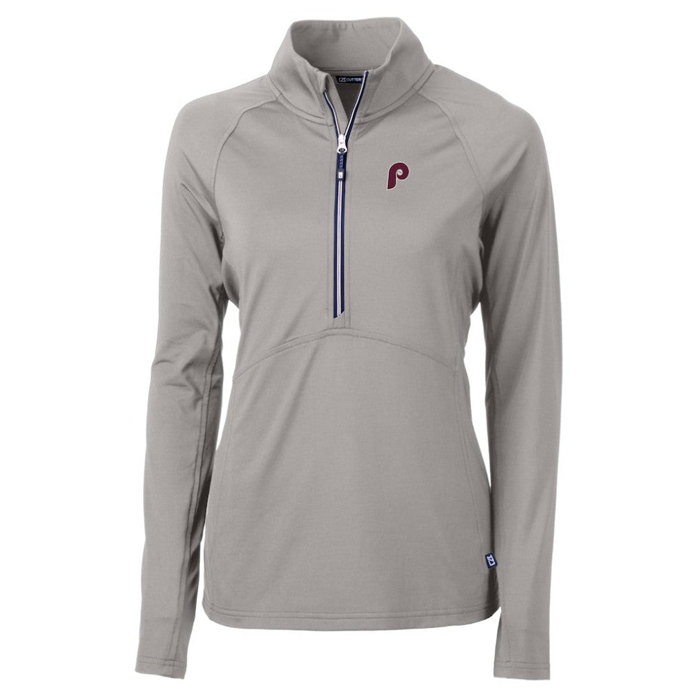Philadelphia Phillies Cutter & Buck Women's Cooperstown Collection DryTec Adapt Eco Knit Stretch Recycled Raglan Half-Zip Top - Gray - MLB Lifestyle