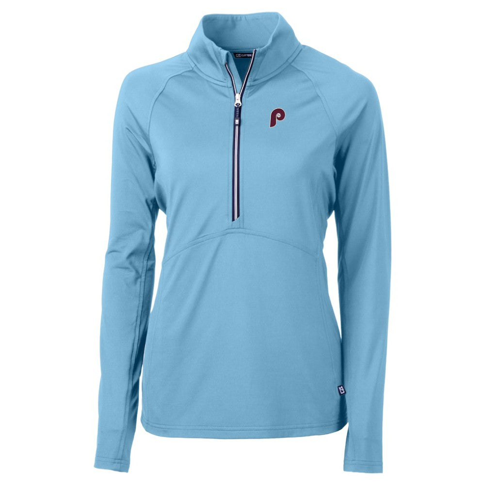 Philadelphia Phillies Cutter & Buck Women's Cooperstown Collection DryTec Adapt Eco Knit Stretch Recycled Raglan Half-Zip Top - Powder Blue - MLB on Sale