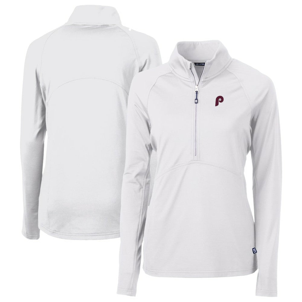 Philadelphia Phillies Cutter & Buck Women's Cooperstown Collection DryTec Adapt Eco Knit Stretch Recycled Raglan Half-Zip Top - White - MLB Sale