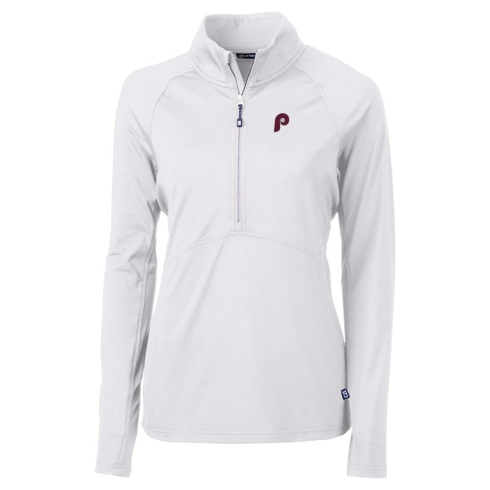 Philadelphia Phillies Cutter & Buck Women's Cooperstown Collection DryTec Adapt Eco Knit Stretch Recycled Raglan Half-Zip Top - White - MLB Sale