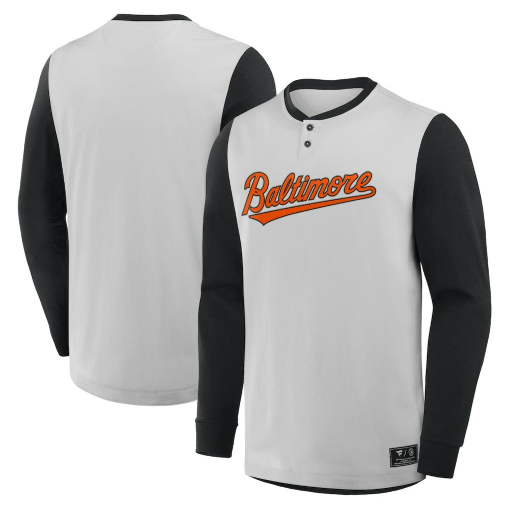 Baltimore Orioles Fanatics Clubhouse Long Sleeve Henley Shirt - Gray/Black - Fanatics on Sale