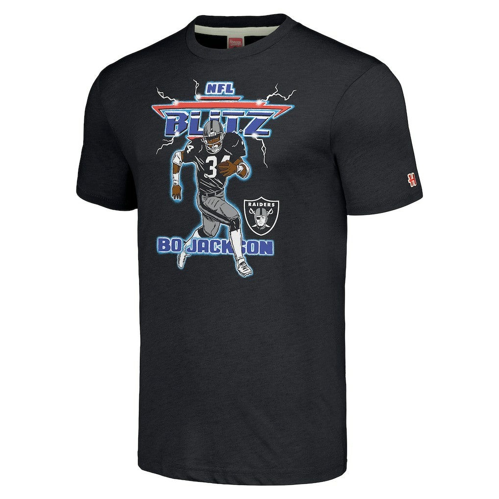 Bo Jackson Las Vegas Raiders Homage Unisex NFL Blitz Retired Player Tri-Blend T-Shirt Heathered Charcoal