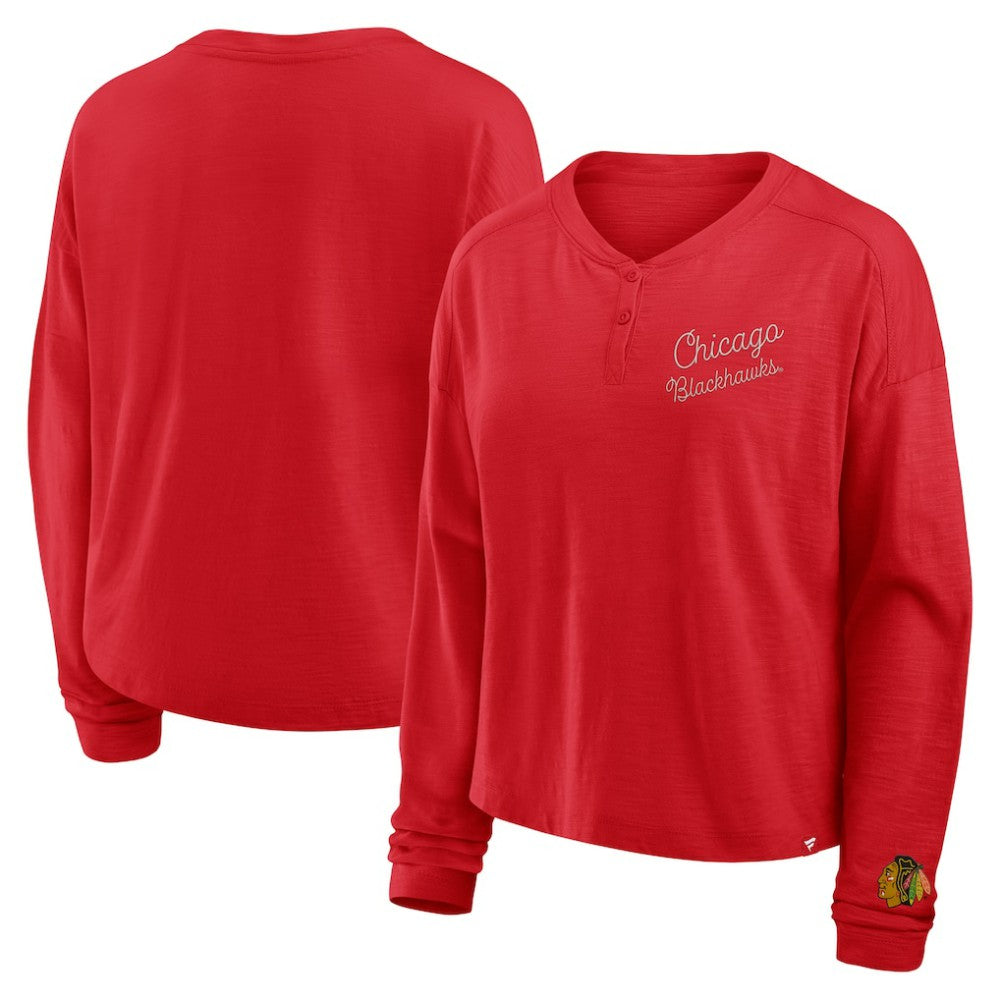 Chicago Blackhawks Fanatics Women's Oversized All Out Effort Long Sleeve Henley T-Shirt - Red - NHL 201742847