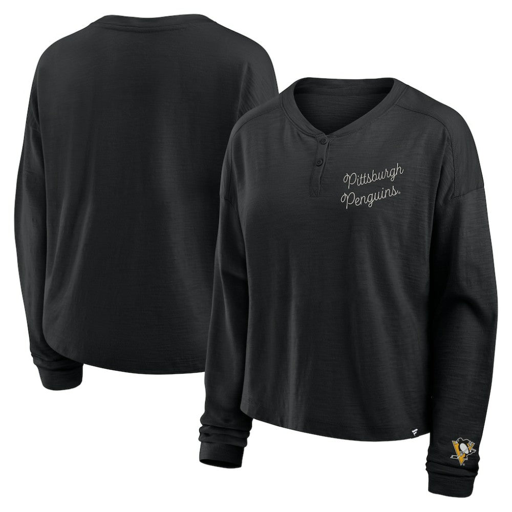 Pittsburgh Penguins Fanatics Women's Oversized All Out Effort Long Sleeve Henley T-Shirt - Black - NHL 201742853