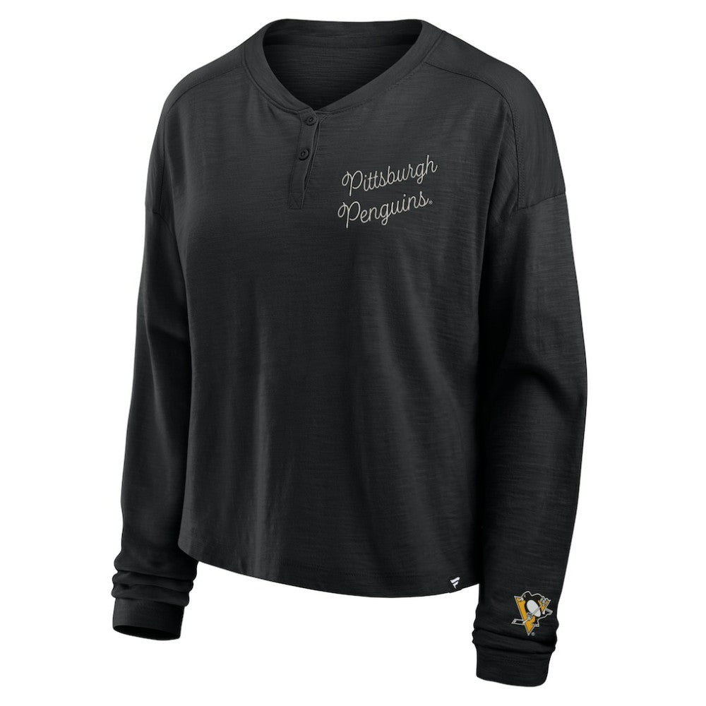 Pittsburgh Penguins Fanatics Women's Oversized All Out Effort Long Sleeve Henley T-Shirt - Black - NHL 201742853