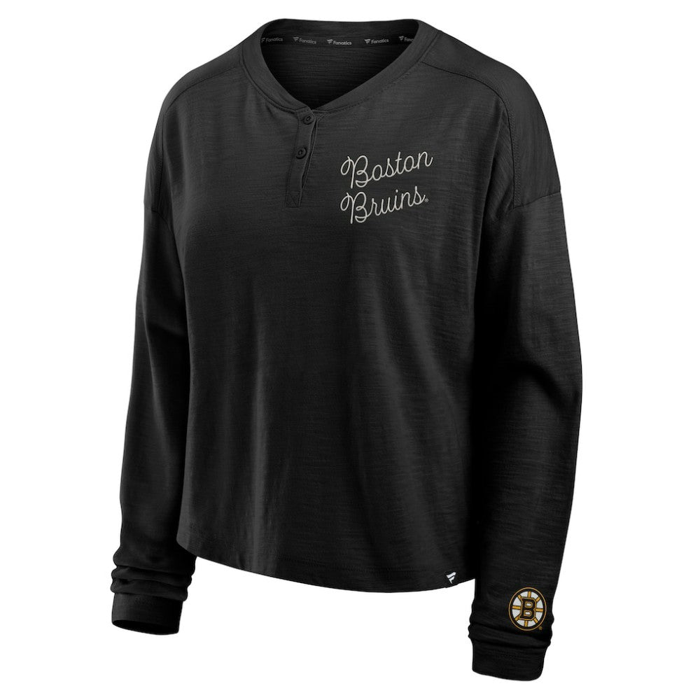 Boston Bruins Fanatics Women's Oversized All Out Effort Long Sleeve Henley T-Shirt - Black - NHL 201742859