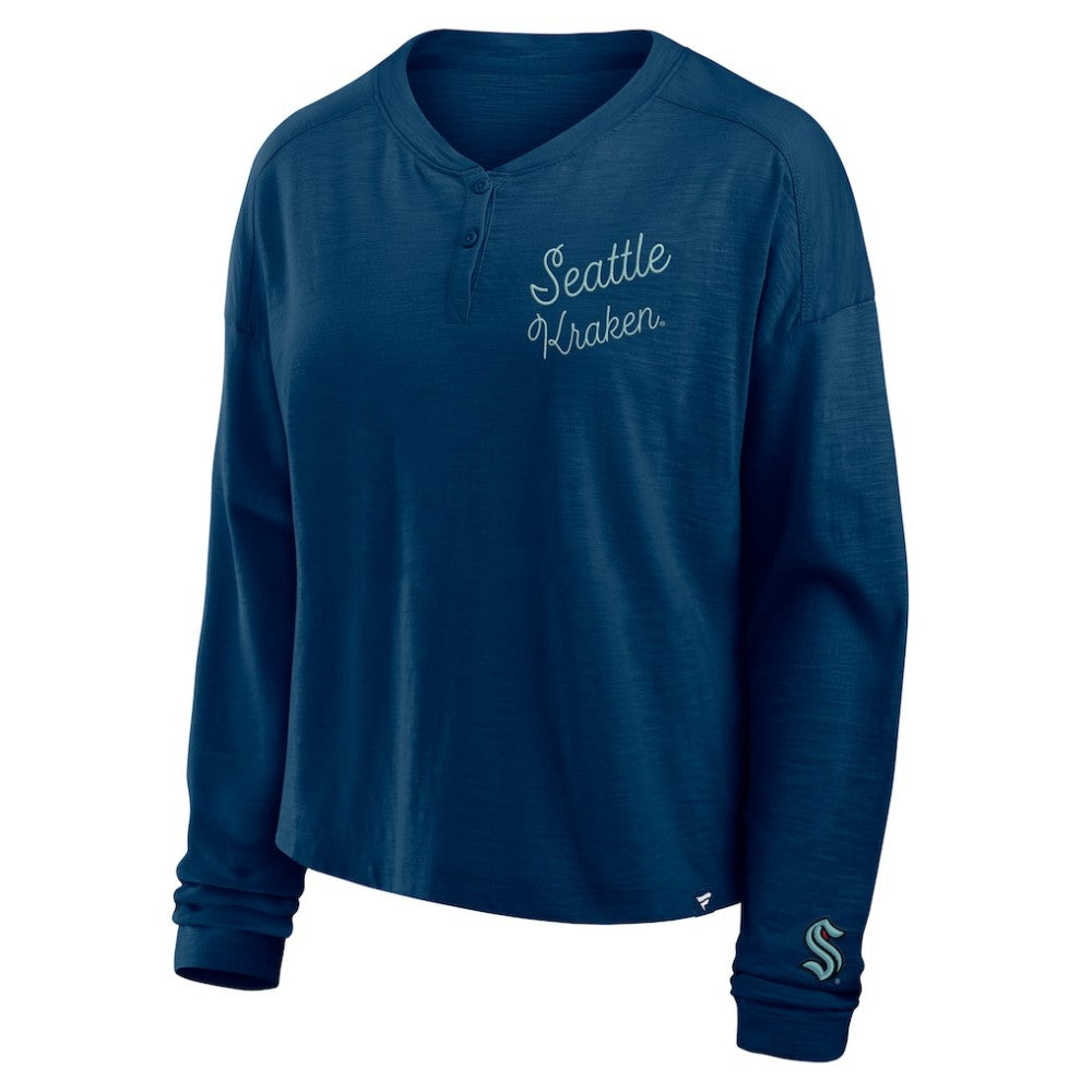 Seattle Kraken Fanatics Women's Oversized All Out Effort Long Sleeve Henley T-Shirt - Deep Sea Blue - NHL 201742868