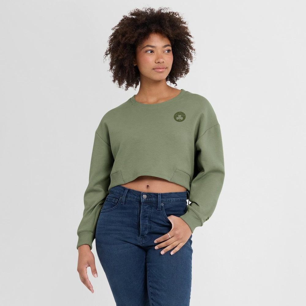 Boston Celtics Women's Studio Tri-Blend Cropped Pullover Sweatshirt Olive | Fanatics discount