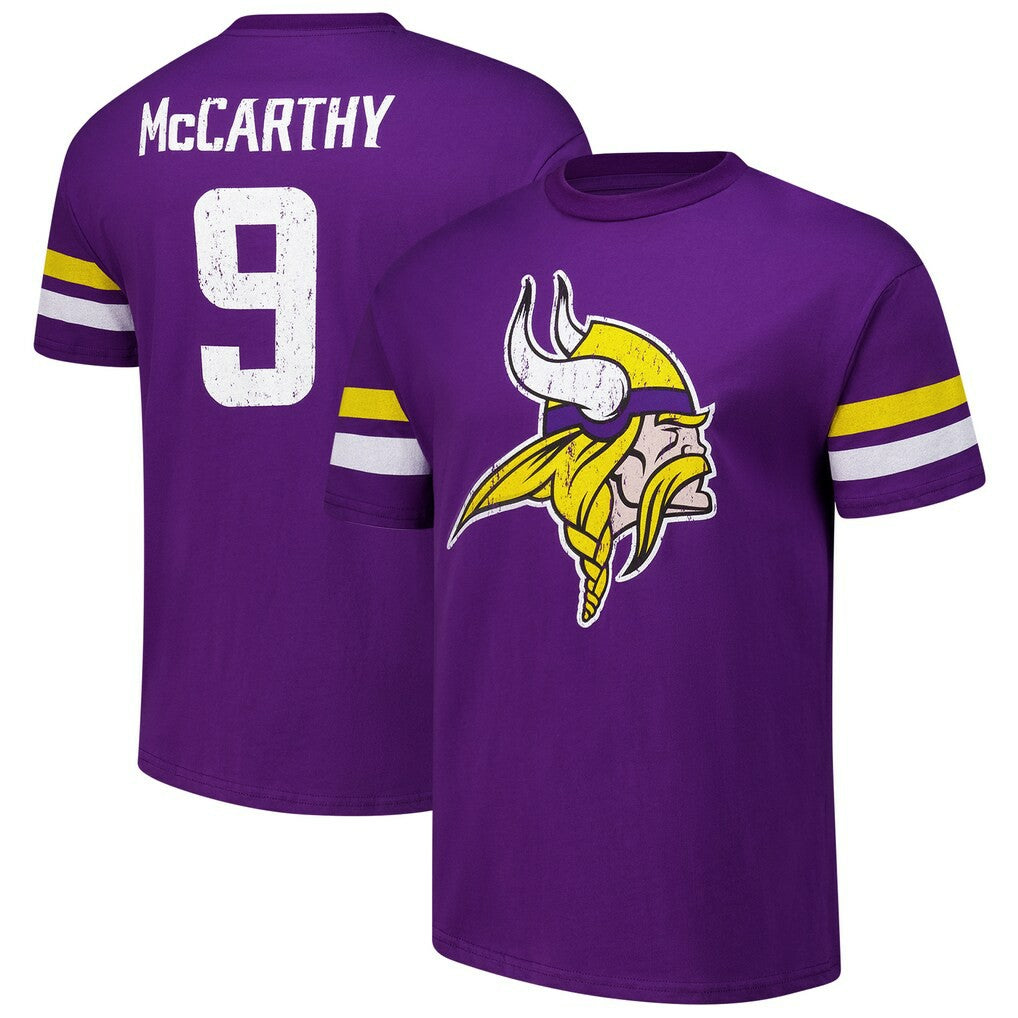 J.J. McCarthy Minnesota Vikings Majestic Threads Name & Number Oversized Fit T-Shirt Purple