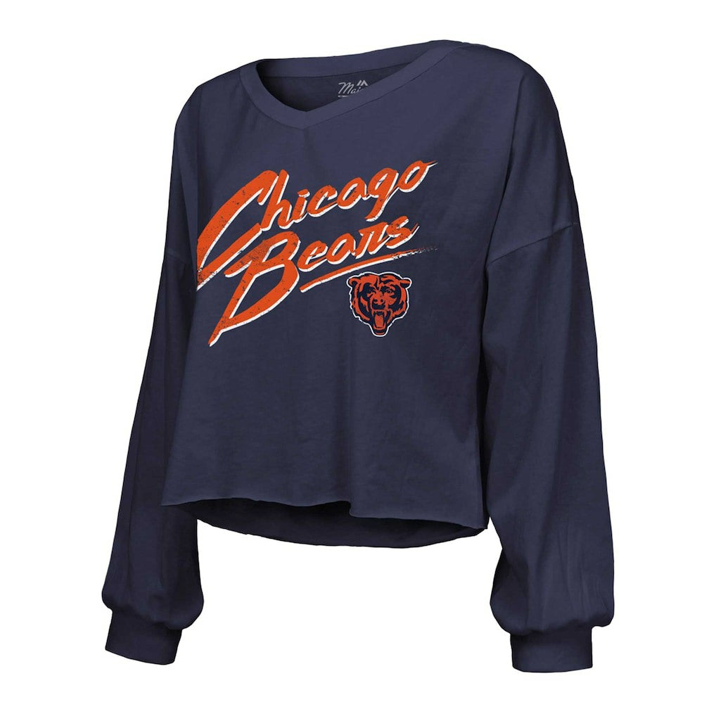 Caleb Williams Chicago Bears Majestic Threads Women's Name & Number Off-Shoulder Script Cropped Long Sleeve Relaxed V-Neck T-Shirt Navy