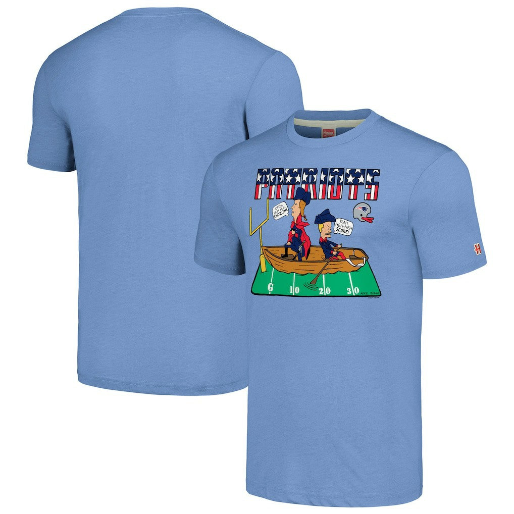 New England Patriots NFL x Homage x Beavis and Butt-Head Unisex Tri-Blend T-Shirt – Light Blue